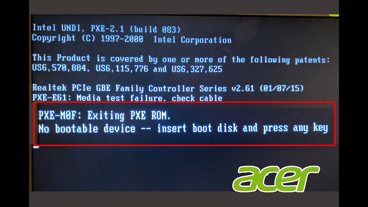 acer aspire one no bootable device insert boot disk