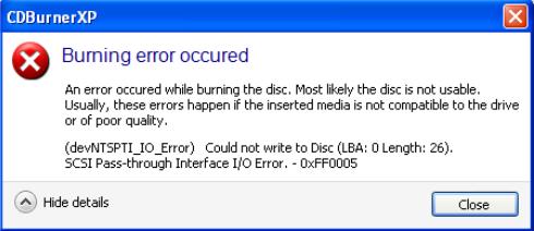 an error occurred while burning the disc