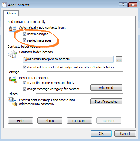 guardar automáticamente la dirección de correo electrónico en Outlook 2010