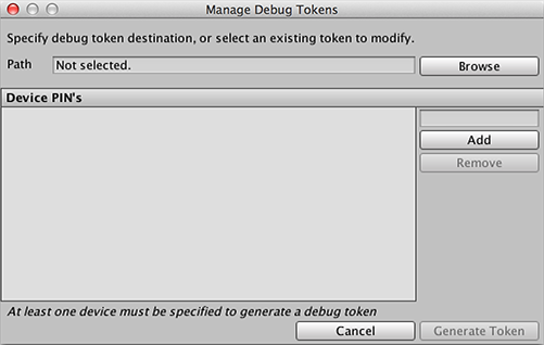 bb10 instalar token de depuración