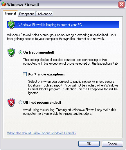 блокировать программы брандмауэра Windows XP