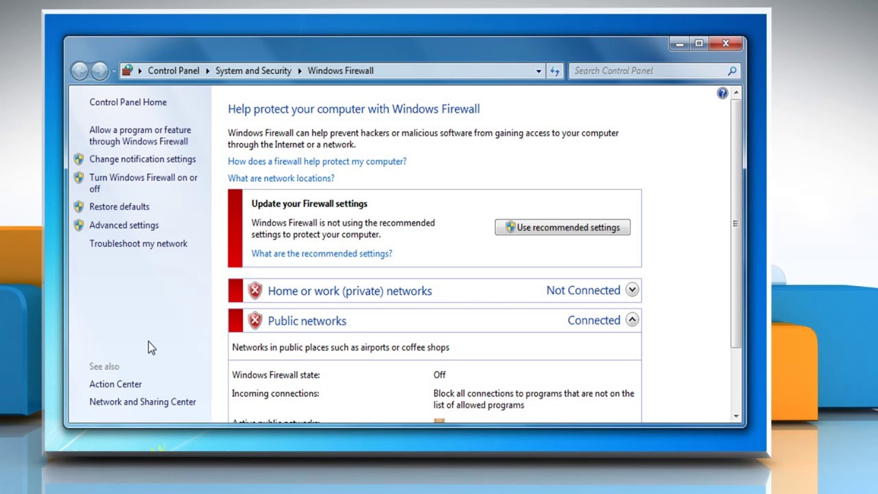 não é possível alterar para melhores configurações de firewall do Windows no Windows 7