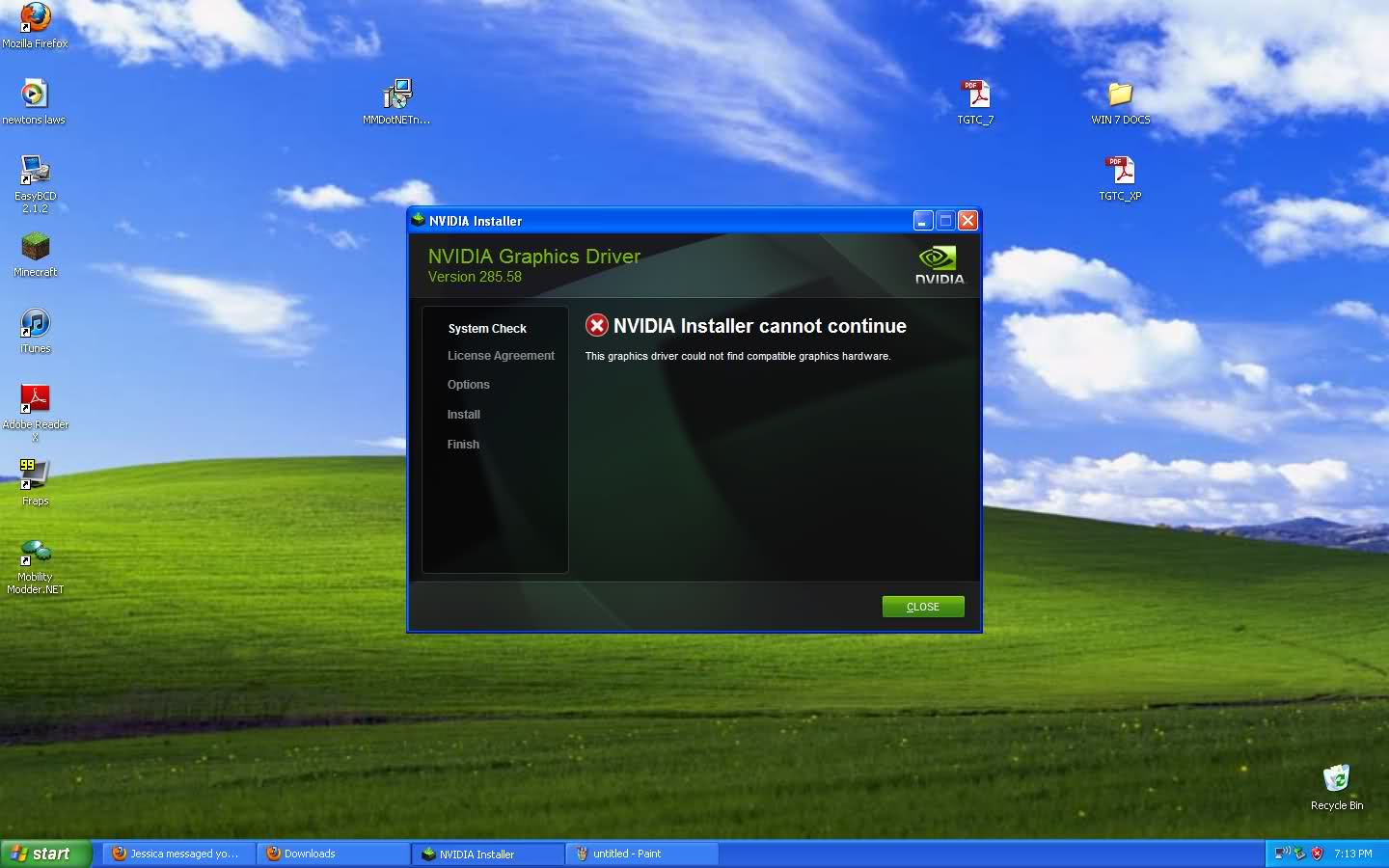 nie można ustawić sterownika nvidia w systemie Windows XP