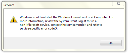 impossibile avviare il servizio Windows Firewall vista