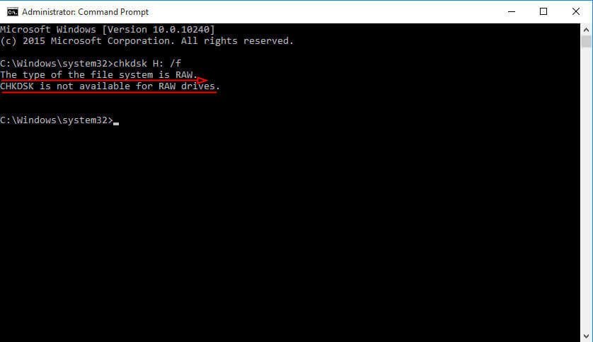 chkdsk file system di tipo raw