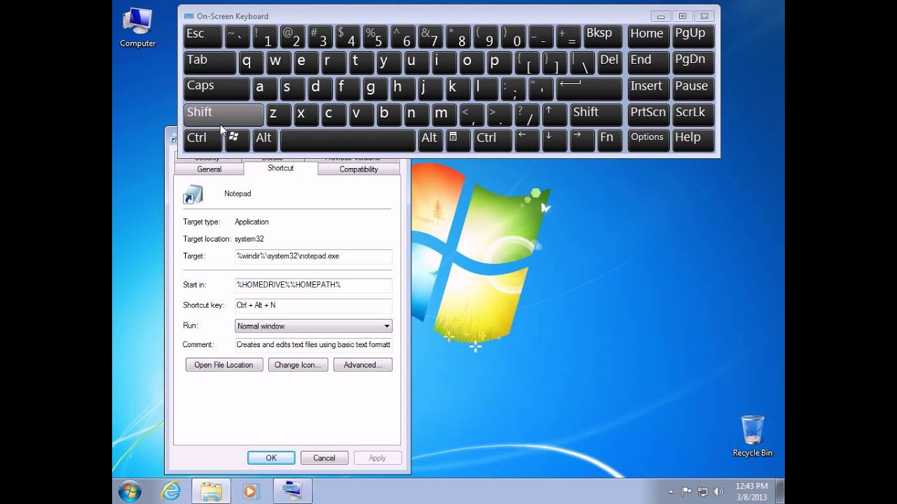 création de raccourcis clavier dans Windows 7