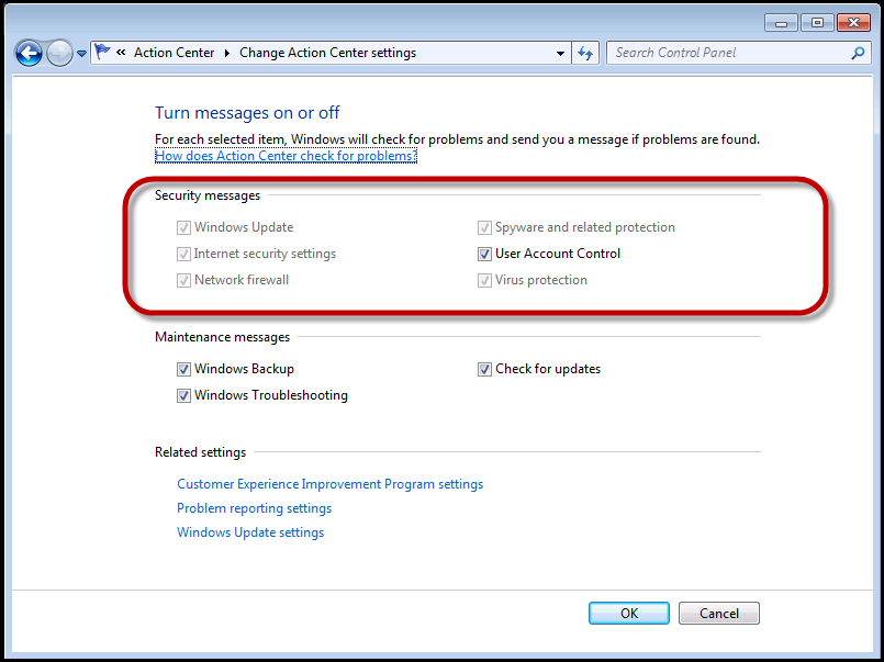 disable action center in windows 7 registry