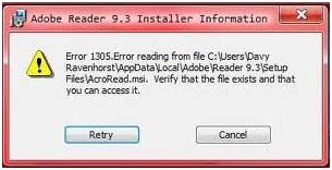 오류 1305 파일 c 제품 파일에서 읽는 중 오류 발생