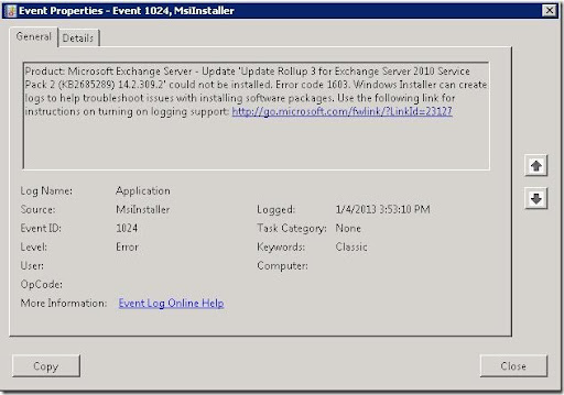 error passcode 1603 exchange 2010