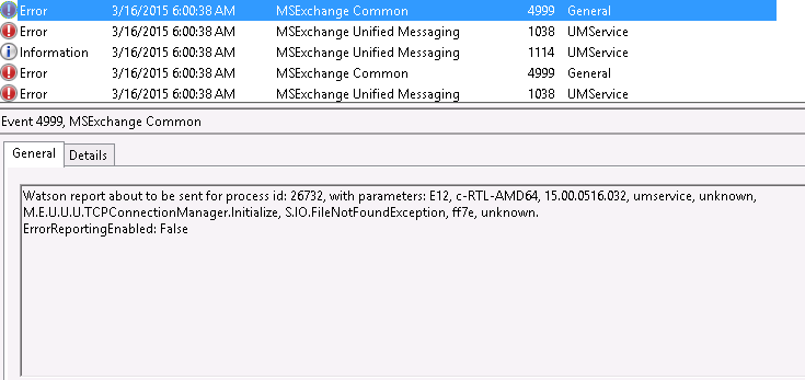 event id 1038 msexchange unified messaging