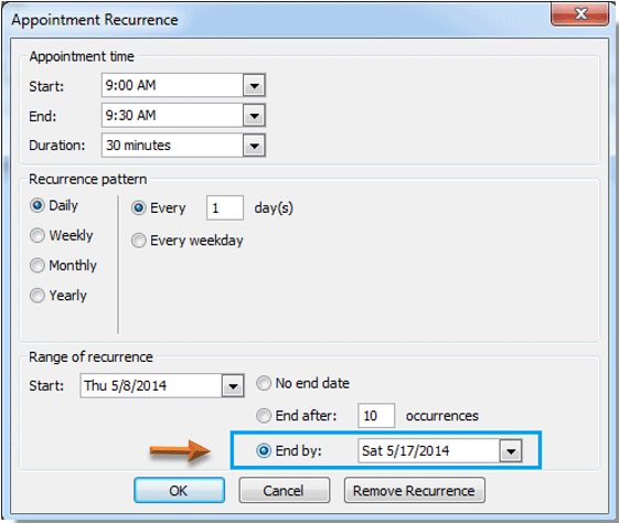 how do you can cancel the recurring Reaching in Outlook 2010