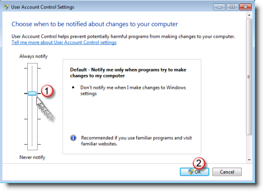 como alterar as configurações do uac através do Windows Vista