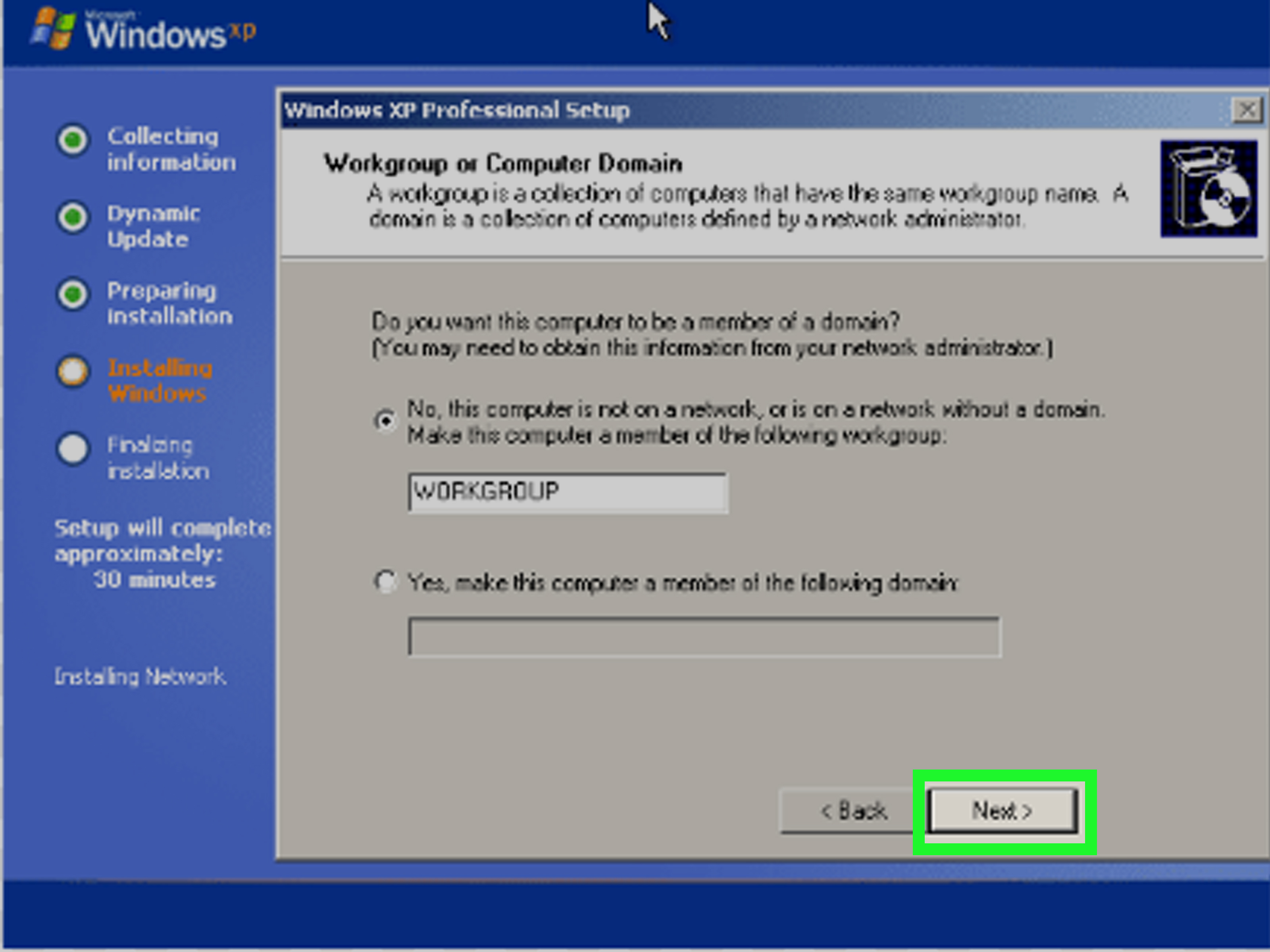 how return to install windows xp networking