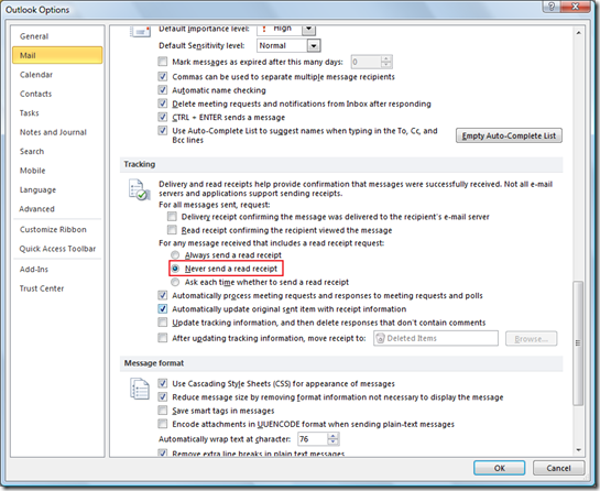 how to set read receipt in outlook 2010 as default