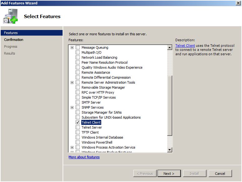 hur man startar telnet i Windows Server 2008