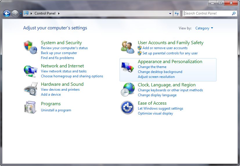 Панель управления персонализацией Microsoft Windows 7