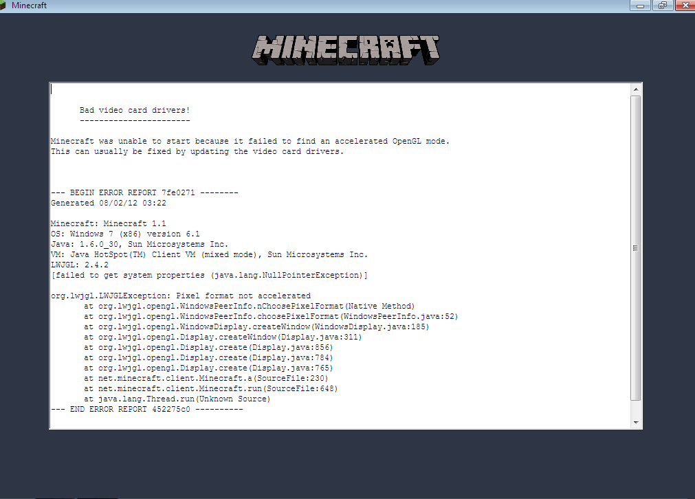 minecraft 오류 불량 비디오 카드 차량 소유자 Windows 7 opengl