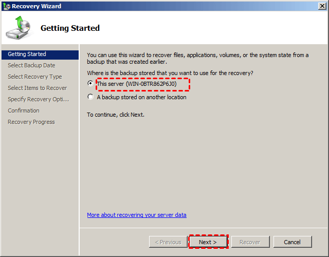återställ säkerhetskopia av Windows fjärrdator 2008