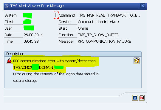 sap rfc communication error that include system/destination tmsadm