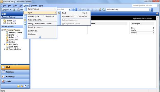 opcje wyszukiwania w programie Outlook 2003