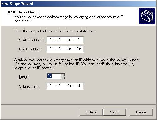 konfigurowanie dhcp na serwerze Windows 2002