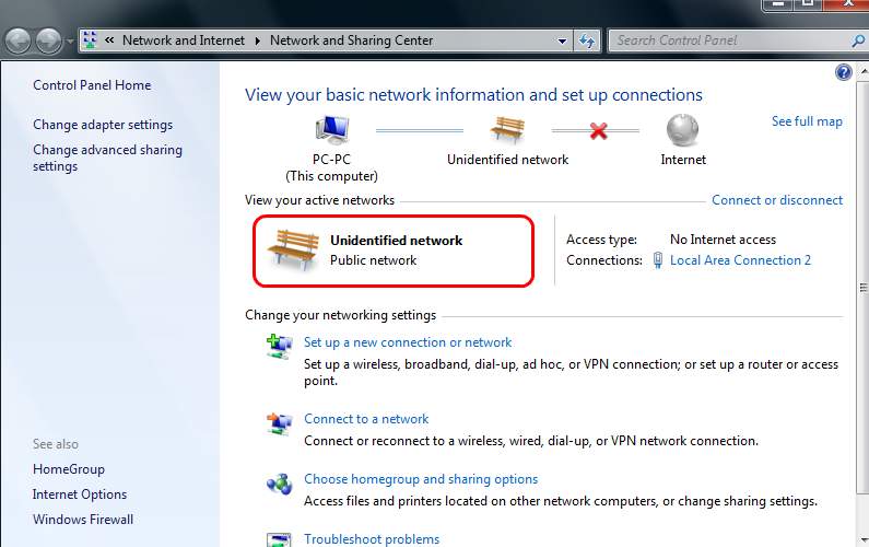 showing unidentified network in windows 7