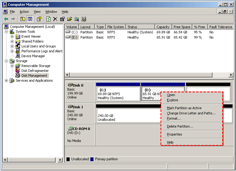 ridurre una partizione utilizzando Windows 2003