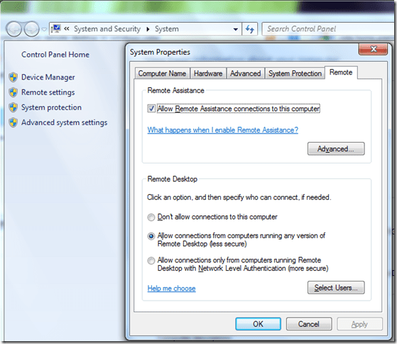 attiva il desktop lontano in Windows 7 o Vista