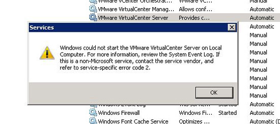 virtualcenter-tjänst startar inte felkod 2