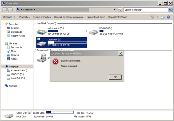 windows 7 second hard drive access denied