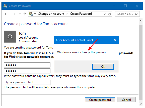 Windows nie może zmienić błędu zabezpieczeń xp