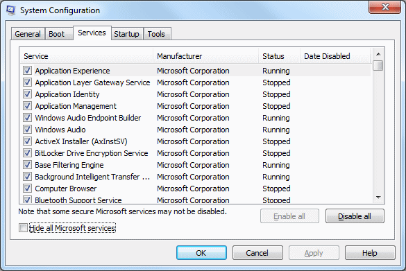 windows msconfig services