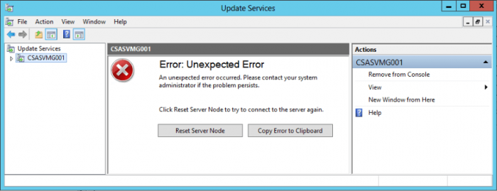 errore imprevisto delle funzionalità di aggiornamento del server di Windows