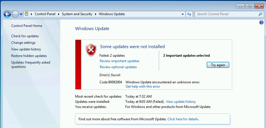 aktualizacja systemu Windows zwykle kończy się niepowodzeniem systemu Windows 7