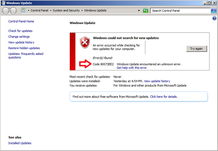 Windows Update error 80072ee2 tmg server