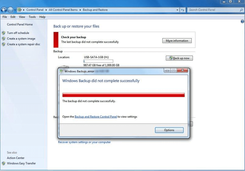Błąd kopii zapasowej systemu Windows Vista