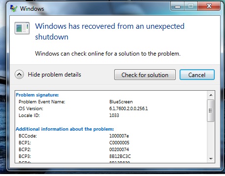 Windows doświadcza sygnatury błędu bccode