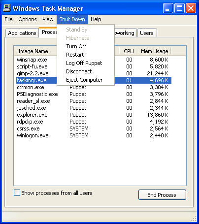 menu wyłączania menedżera zadań systemu Windows XP